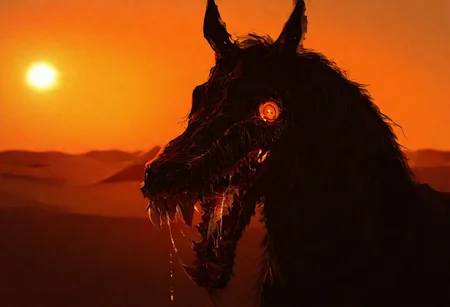 , masterpiece, best quality, newest, absurdres, highres,detailed, horse, dramatic light, orange filter, desert plains, horror movie, fangs, sharp teeth, saliva strings, setting sun, zombie horse