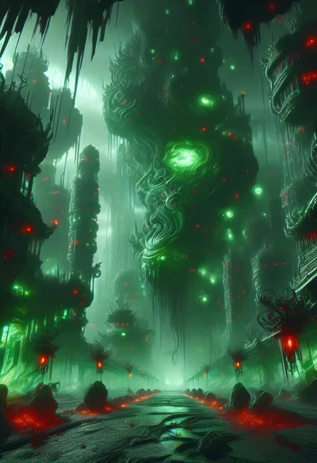 emeraldmorph,fantasy art deco,Cyberpunk city,abyssmerald, dark, haunting, green fog, cave, ruins, red lantern, background fantasy, ancient background, <lora:JJsCyberPunkCity_XL:1>, ((CyberPunk City)), (masterpiece),(high quality), best quality, real,(realistic), super detailed, (full detail),cenery,A mystical emerald valley where ancient magic fuses with future tech: biomechanical titans and cyber-enhanced crystal dragons battle beneath a blood-red moon projecting AR runes. (disintegrating and dissolving into fog and smoke:1.9) A robotic minotaur wreathed in digital flames charges through crystalline data streams, while a majestic cyber-turtle carries both a miniature emerald world and quantum computer on its shell. (blending form with reality:1.9) Techno-shamans cast code-spells from LED-enhanced robes, as chrome-augmented crystal golems guard digital ley lines. A towering emerald mech-dragon, scales shifting between runes and binary, coils around a crystal spire network hub, while digital familiars and drones dance through neon mist where technology and sorcery merge into one.
