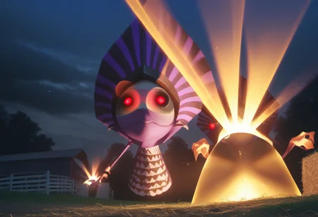score_9, score_8_up, source_anime,score_7_up,creature, they, purple body,black stripes, red eyes,glowing eyes,cone formed lower body, nighttime, on a farm, light from eyes, Expressiveh