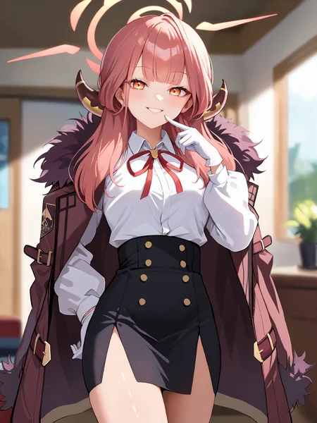 1girl, aru \(blue archive\), solo, halo, horns, high-waist skirt, white gloves, white shirt, fur-trimmed coat, neck ribbon, looking at viewer, seductive smile, ecstasy, gasping, finger to cheek, standing, cowboy shot, bedroom, indoors, blurry background <lora:Char-BlueArchive-Aru-Pony-V1:0.9>, score_9, score_8_up, score_7_up, source_anime