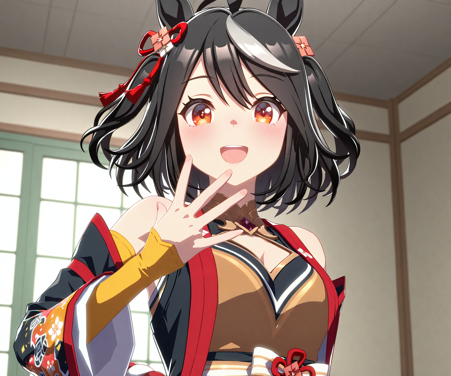 masterpiece, best quality, amazing quality, , 1girl, solo, looking at viewer,  smile, open mouth,  <lora:Kitasan Black in game style 3D:1> ummsmingame, 3d, kitasan black \(umamusume\)