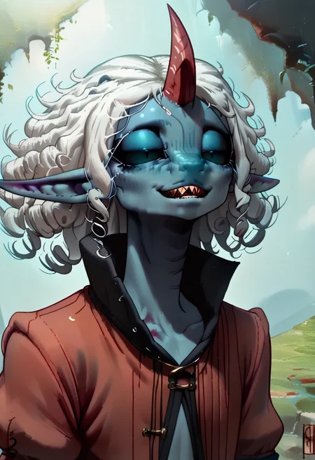 1 person, Kufr, blue skin, single horn, white hair, curly hair, black sclera, red horn, pointy ears, small ears, androgynous, ((slim figure, sleek skin)), ((flat nose:1.2, nasal slits)):1.8, thin lips, sharp teeth,
Looking at viewer, facing viewer, friendly expression, smiling,
((Extreme close up, headshot, detailed face)), ((head focus, straight view, high angle)), variety,
clean lines, smooth colors, sfw, source: semi-realistic, medieval style, rating: pg, score: 8 up, score: 9