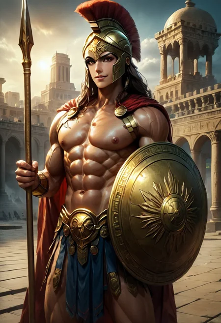 score_9, score_8_up, score_7_up:1.4), masterpiece, Expressive, ultra detailed, anime style, (perfect anatomy), Face Details:1.8, male focus, abs focus, 1man, male, solo, handsome face, detailed face, clean shaven, (detailed eyes, perfect eyes, brown eyes), brown hair, long hair, Greek facial features, athletic physique, toned arms, six pack abs, toned legs, (bare chest), Spartan helmet, red cloak, large round shield, Spartan symbols, holding long spear, long spear in hand, perfectly glossy skin, perfect body proportion, natural lighting, extremely detailed, best quality, highly detailed, intricate details, ancient Greek city, Greek landscape, dynamic pose, (looking at viewer, sexy smirk, cocky look,)