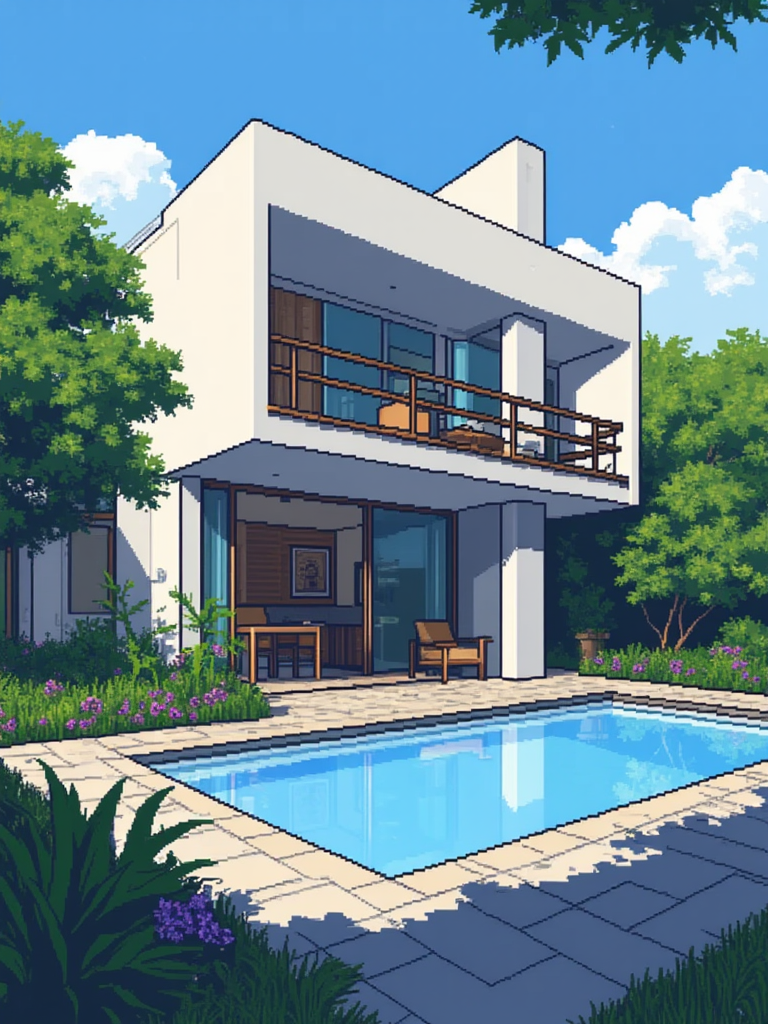 A pixel art illustration of modern house during the summer. The house has unique architecture and a pool with a lovely patio.<lora:General Flux\pixel-art-rooms.safetensors:0.9:1.0>