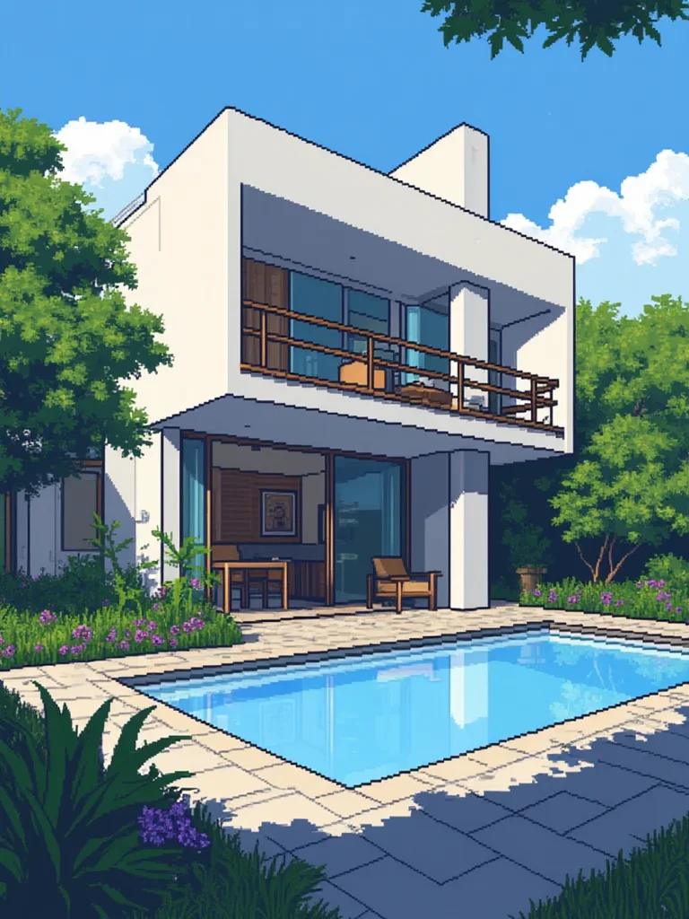 A pixel art illustration of modern house during the summer. The house has unique architecture and a pool with a lovely patio.<lora:General Flux\pixel-art-rooms.safetensors:0.9:1.0>