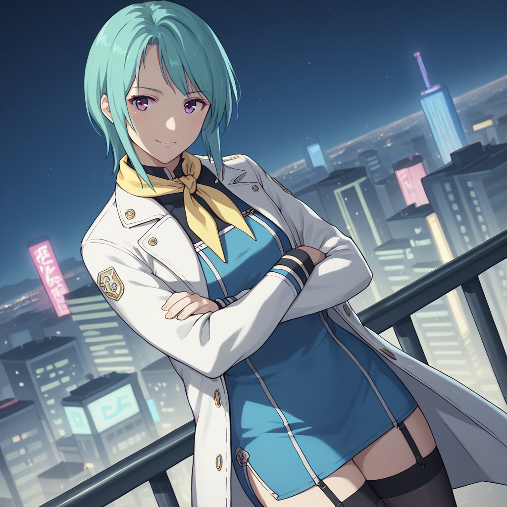 dutch angle, score_9, score_8_up, score_7_up, score_6_up, <lora:Eureka - Eureka Seven Hi Evolution 3-000006:1>, purple eyes, aqua hair, short hair, blue dress, short dress, long sleeves, white coat, yellow neckerchief, garter straps, black thighhighs, zettai ryouiki, smile, dutch angle,  <lora:add-detail-xl:1>, cowboy shot, looking at viewer, straight-on, cityscape, city, night sky, night, neon lights, against railing, crossed arms, leaning back,