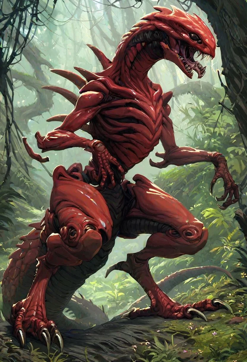 score_9, score_8_up, score_7_up, Expressiveh, oil painting, 1boy, solo, Alien, monstrous, huge black eyes, sharp fangs, claws, talons, spiky exoskeleton, huge black spikes, red skin, two toned skin, two toned exoskeleton, overflowing green saliva, huge lizard tail, exposed ribs, savage, lush forest, tall trees, jungle, hunting
