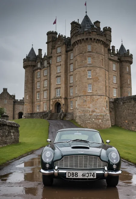Front view wide angle of Aston Martin DB5 1964 in front of a scottish castle by Bruno Barbey,Rain,Highlights,Puddle, <lora:RMSDXL_Enhance:1>, <lora:RMSDXL_Creative:1.5>