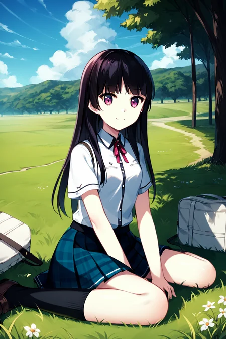 score_9, score_8_up, score_7_up, score_6_up, rating_safe, source_anime, best quality, masterpiece, detailed background, grass, sky, windy, sitting on grass, <lora:habane-kotori-xl-04:1>, habane kotori, magenta eyes, small breasts, white school uniform, blue skirt, black socks, kneehighs, smile,