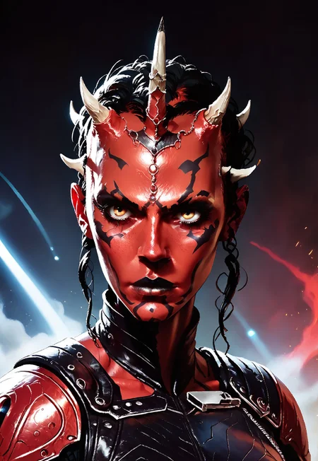 (score_9, score_8_up), score_7_up, source_anime, female Dathomirian Zabrak alien wearing jedi robes over heavy armor, many small white horns, red skin,
