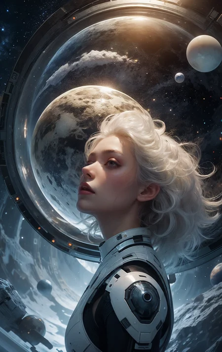 1girl, cosmic, dress, glass, <lora:Hellasthetic v2:0@0:1@0.1>, sphere, 1girl, silver, fractal_art, Space-time distortion, Horizon, Colony, backlighting, elegant, Glowing white hair, planet generator, High ceiling, Ice Planet, Planet Collision, white tree, blizzard crystal, winid, storm, float,