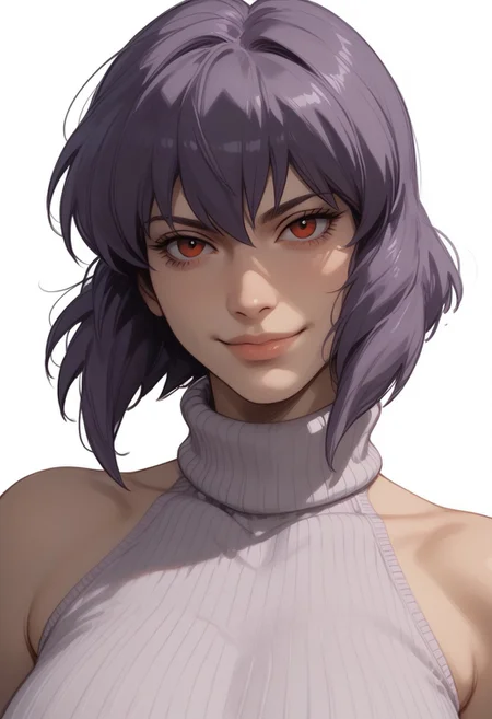 score_9, score_8_up, score_8, score_7_up, score_7, ((close up)), face focus, Expressiveh
BREAK
1girl, solo, kusanagi motoko, large breasts, looking at viewer, head tilt, seductive look, aroused, horny, standing, light purple turtleneck sweater, light smile
BREAK
white background