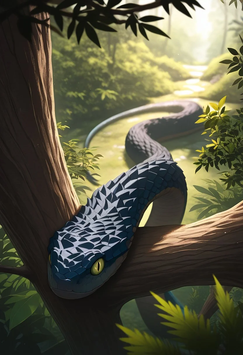 masterpiece, best quality, very aesthetic, ambient lightning, depth of field, cinematic illumination, SViper, feral, snake, viper, spiny scales, (black scale), split pupils, sitting in a tree, tree, jungle, leaves, view from above, (anatomy correct),
