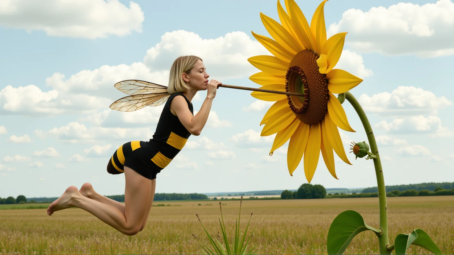 cinematic photo a (25 year old girl:1.5), she has huge bee wings attached to her back and bee antennae attached to her head, she's wearing a( black and yellow:1.2) horizontally striped figure hugging lycra minidress, the dress has a human sized (fuzzy bee abdomen attached sticking out at the butt:1.3)
she has blonde hair in a bob cut, she has a slim figure and long legs, she has medium sized breasts
she's hovering in midair in front of a enormous flower, the flower is bigger than the girl, ready to drink it's nectar through a long straw, the straw is held in her hand with the end (stuck into the flower:1.3)
she's in a meadow of enormous wild flowers,, score_9, score_8_up, score_7_up, hyperdetailed, hyperrealistic, best quality, (masterpiece:1.3),high-definition, intricate details, volumetric lighting, symmetrical face, level eyes, . 35mm photograph, film, bokeh, professional, 4k, highly detailed