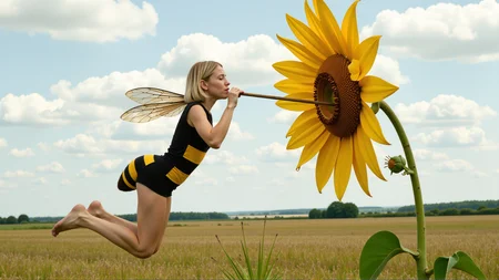 cinematic photo a (25 year old girl:1.5), she has huge bee wings attached to her back and bee antennae attached to her head, she's wearing a( black and yellow:1.2) horizontally striped figure hugging lycra minidress, the dress has a human sized (fuzzy bee abdomen attached sticking out at the butt:1.3)
she has blonde hair in a bob cut, she has a slim figure and long legs, she has medium sized breasts
she's hovering in midair in front of a enormous flower, the flower is bigger than the girl, ready to drink it's nectar through a long straw, the straw is held in her hand with the end (stuck into the flower:1.3)
she's in a meadow of enormous wild flowers,, score_9, score_8_up, score_7_up, hyperdetailed, hyperrealistic, best quality, (masterpiece:1.3),high-definition, intricate details, volumetric lighting, symmetrical face, level eyes, . 35mm photograph, film, bokeh, professional, 4k, highly detailed
