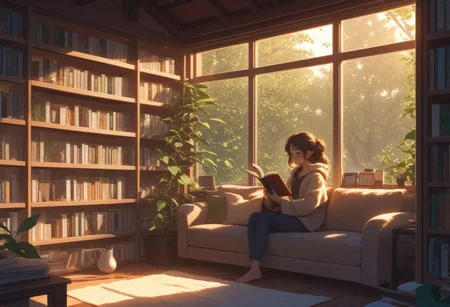 FFCB, Simple Anime, Cozy study corner at the library, plant, bookshelves, reading lamp, big glass windows, 1woman reading a book