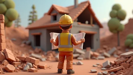 A construction worker stands with his back to the viewer, looking at a set of plans held in his hands. In front of him lies a house reduced to rubble, with debris and broken structures scattered all around. The construction worker, dressed in typical work attire including a hard hat and safety vest, appears confused as he studies the plans. The entire scene is rendered in a clay style, with the characters and surroundings having a smooth, sculpted look. The textures of the clay give a tactile feel to the image, with the house's rubble and the worker's clothing showing subtle details. The atmosphere is one of bewilderment and contemplation, captured through the worker's posture and the chaotic ruins before him