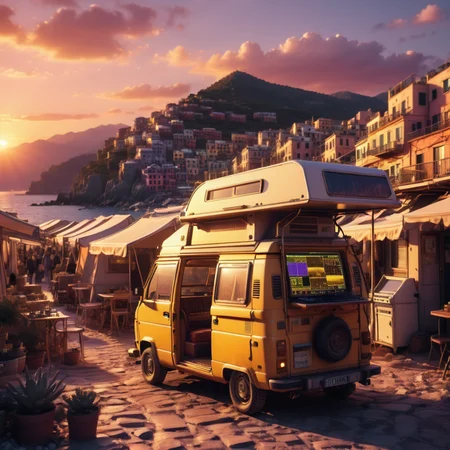 mboard artstyle, desert caravan market at sunset, Game Boy Color, Cinque Terre, Italy <lora:Motherboard artstyle - trigger is mboard artstyle:1>