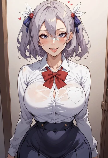 score_8_up, source_anime, (beautiful face, beautiful eyes, detailed eyes, detailed face:1.2),
1girl, solo, girl solo, slobber, hourglass shaped body, curvy figure, mature,
front view, (school dress:1.3),
dynamic standing seductive pose, seductive pose, full body,lewd face, slutty a lot, extream drooling,lewd face, slutty a lot, horny eyes, smug, high waisted thongs, high waisted thongs,
huge ass, medium tits, large ass, milf,
beautiful anime face, detailed anime face,
(wide hips:1.3), 20 y.o.
Koiwai Reina, gray hair, hair ornament, bandages, school dress, hair ribbon, twintails, two side up, school uniform,