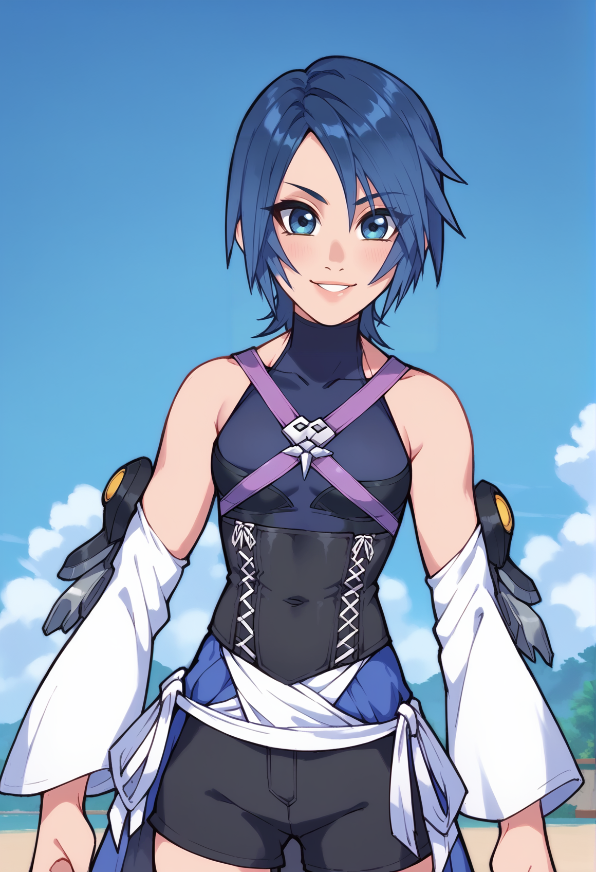 score_9, score_8_up, score_7_up, <lora:AquaPonyV1.0:1>, khaqua, 1girl, solo, blue hair, short hair, spiked hair, blue eyes, smile, bare shoulders, <lora:ToBinge_Style:1>,  purple chest strap, silver chest ornament, arm armor, white detached sleeves, black corset, white laces, blue skirt, white ribbons, black shorts, black thighhighs, sleeveless dark blue turtleneck