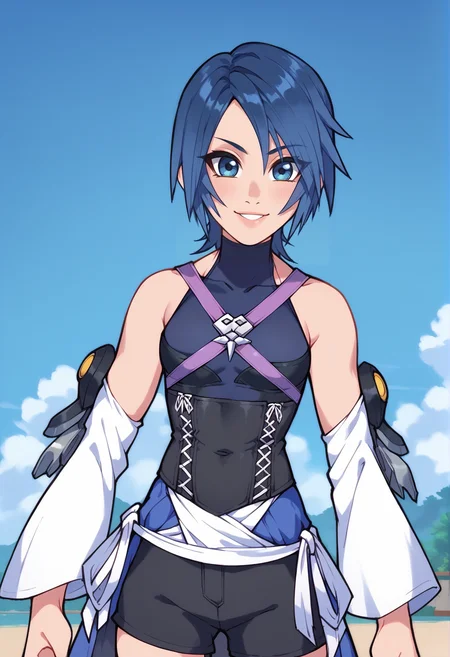 score_9, score_8_up, score_7_up, <lora:AquaPonyV1.0:1>, khaqua, 1girl, solo, blue hair, short hair, spiked hair, blue eyes, smile, bare shoulders, <lora:ToBinge_Style:1>, purple chest strap, silver chest ornament, arm armor, white detached sleeves, black corset, white laces, blue skirt, white ribbons, black shorts, black thighhighs, sleeveless dark blue turtleneck