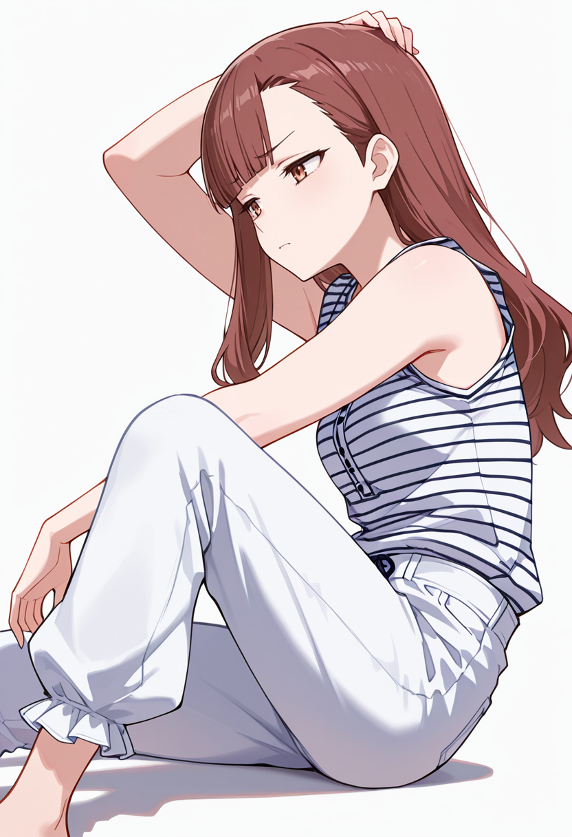 masterpiece,high quality details, absurdres,
<lora:Nagisa_Satou:0.8>
nagisa_cnr, 1girl, brown hair, long hair, blunt bangs, asymmetrical bangs, brown eyes,, simple background, white background, from side,solo,, furrowed brow,disdain,, reclining sideways,one arm supporting head,one knee on ground,, striped shirt,sleeveless shirt,bell-bottom pants,  ,frilled legwear,