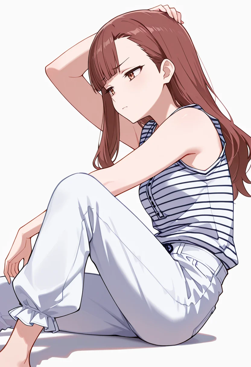 masterpiece,high quality details, absurdres,
<lora:Nagisa_Satou:0.8>
nagisa_cnr, 1girl, brown hair, long hair, blunt bangs, asymmetrical bangs, brown eyes,, simple background, white background, from side,solo,, furrowed brow,disdain,, reclining sideways,one arm supporting head,one knee on ground,, striped shirt,sleeveless shirt,bell-bottom pants, ,frilled legwear,