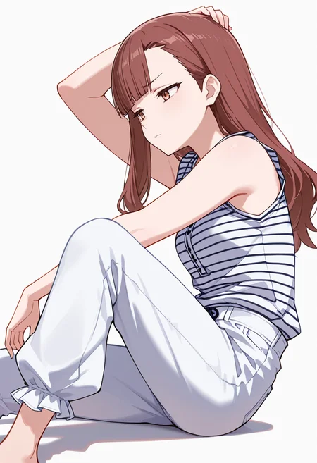 masterpiece,high quality details, absurdres,
<lora:Nagisa_Satou:0.8>
nagisa_cnr, 1girl, brown hair, long hair, blunt bangs, asymmetrical bangs, brown eyes,, simple background, white background, from side,solo,, furrowed brow,disdain,, reclining sideways,one arm supporting head,one knee on ground,, striped shirt,sleeveless shirt,bell-bottom pants, ,frilled legwear,