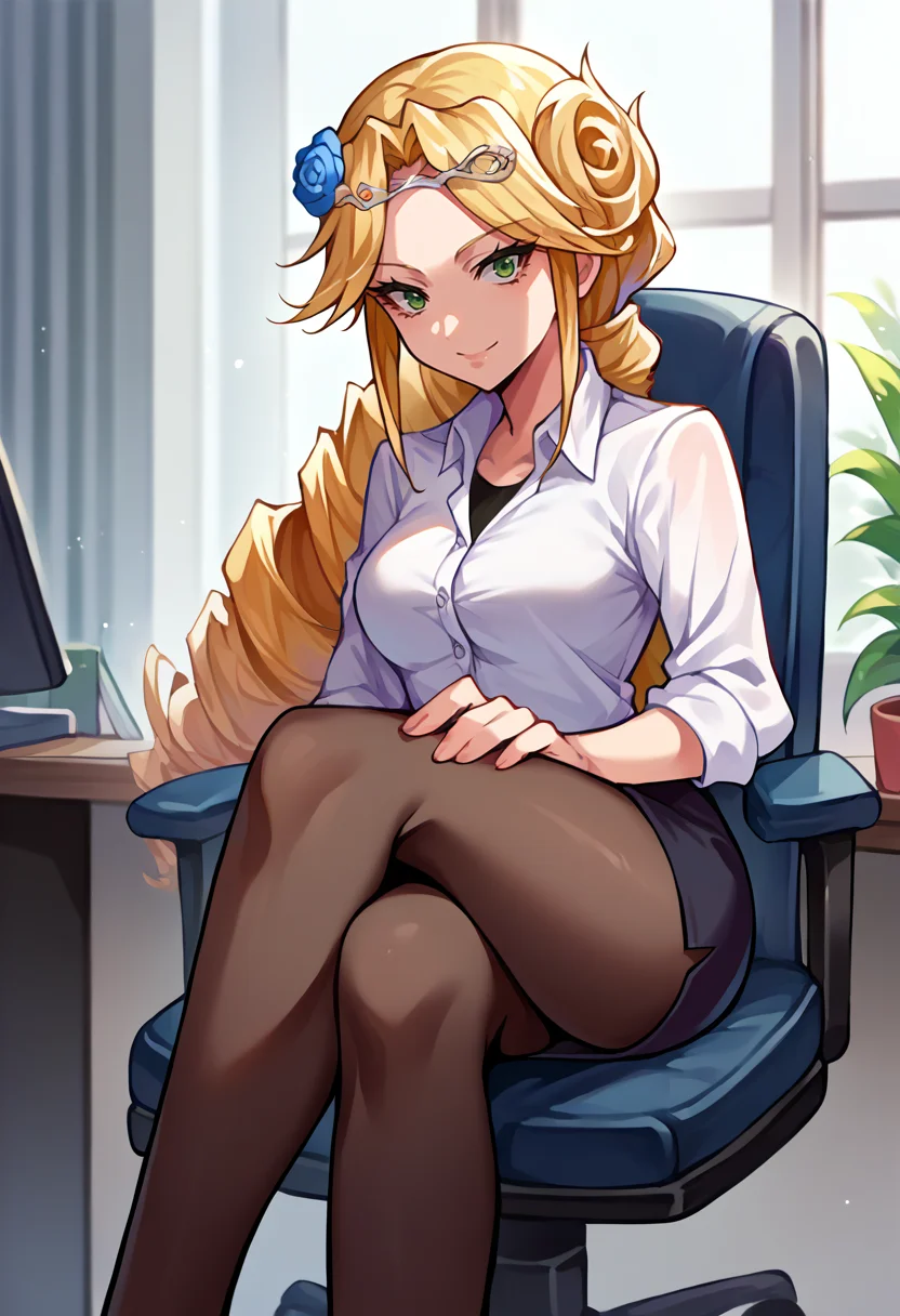 score_9, score_8_up, source_anime, 1girl, solo, LakyusAlveinDaleAindra, long hair, drill hair, ponytail, hair flower, circlet, indoors, office lady, office chair, sitting, crossed legs, miniskirt, black pantyhose, dress shirt, smile, <lora:ChamLakyusAlveinDaleAindraPonyXL:1>