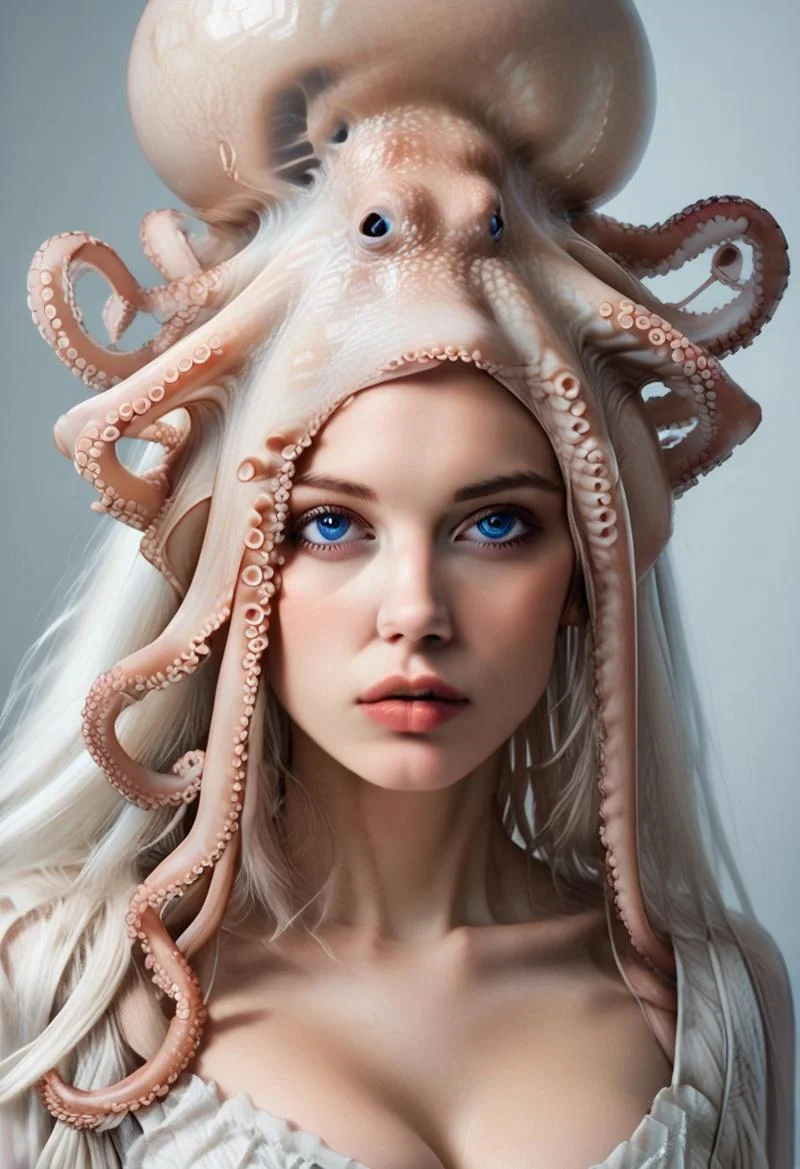 score_9, score_8_up, score_7_up, rating_safe, concept art, semi-realistic, 1girl, solo.
Young beautiful face, fit body, 
Long white hair, Blue eyes. 
(Big breast:1.2), (Round breast:1.2).
OctopusMask, Octopus hat