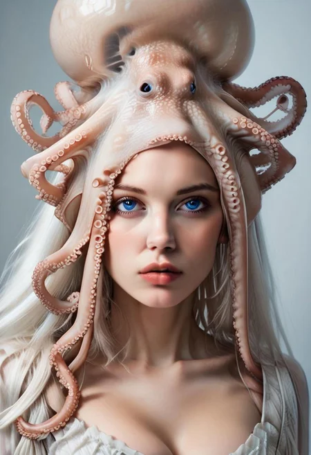 score_9, score_8_up, score_7_up, rating_safe, concept art, semi-realistic, 1girl, solo.
Young beautiful face, fit body, 
Long white hair, Blue eyes. 
(Big breast:1.2), (Round breast:1.2).
OctopusMask, Octopus hat