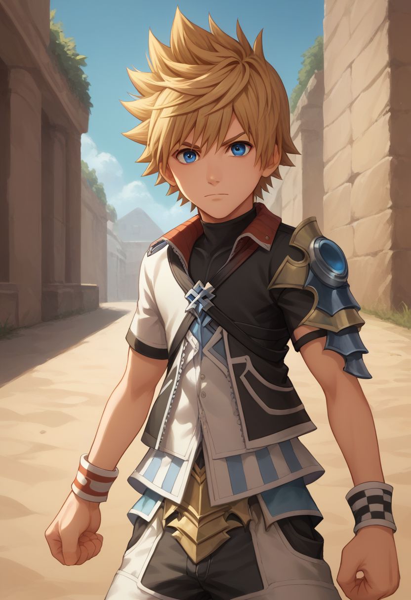 score_9, score_8_up, source_anime, highly detailed, 1boy, solo, male_focus, slender, skinny,
ventus, 1boy, solo, male focus, blue eyes, spiked hair, wristband, standing, shorts, clenched hand, shoes, looking at viewer, armor, shoulder armor, blonde hair, upper body,
outdoor