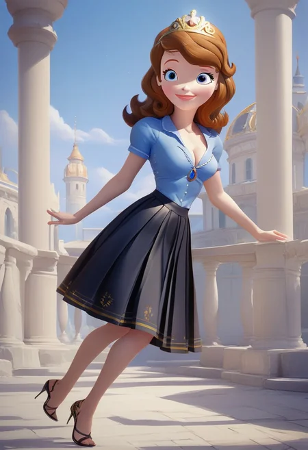 princess Sofia,brown hair,blue eyes,score_up_8, score_up_9, 1girl, solo, medium breasts, 18 years old, sky blue shirt,black skirt, miniskirt, pleated skirt, cleavage, provocative, seducatuve smile, high heels, high quality, 8k,best quality, HD, masterpiece,