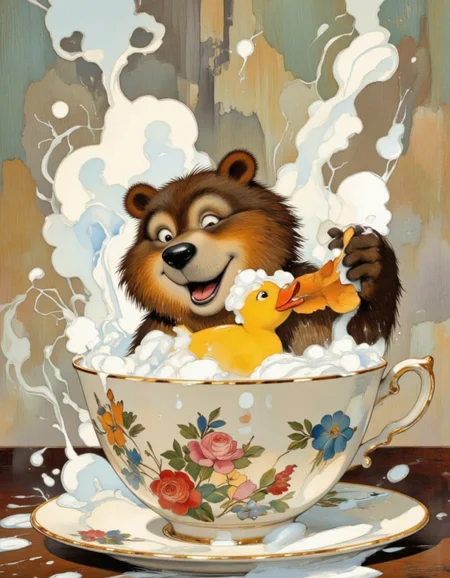 <lora:bear:1>, Playful cartoon bear taking a bath in an oversized teacup filled with soapy water, using a rubber ducky shaped like a fish. Add comical elements like steam forming cloud shapes and shampoo bubbles forming hearts