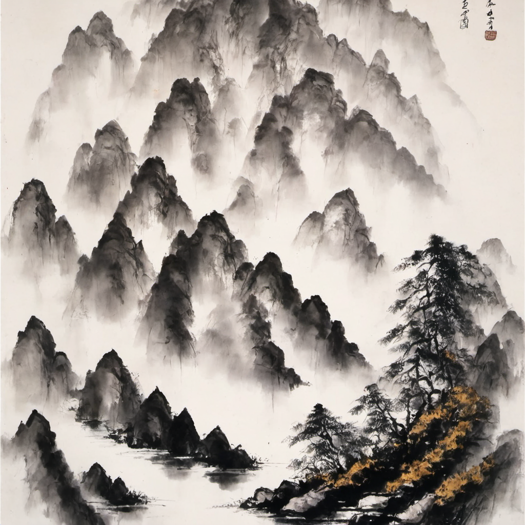 mountain and lake,<lora:Ink:1>,ink painting