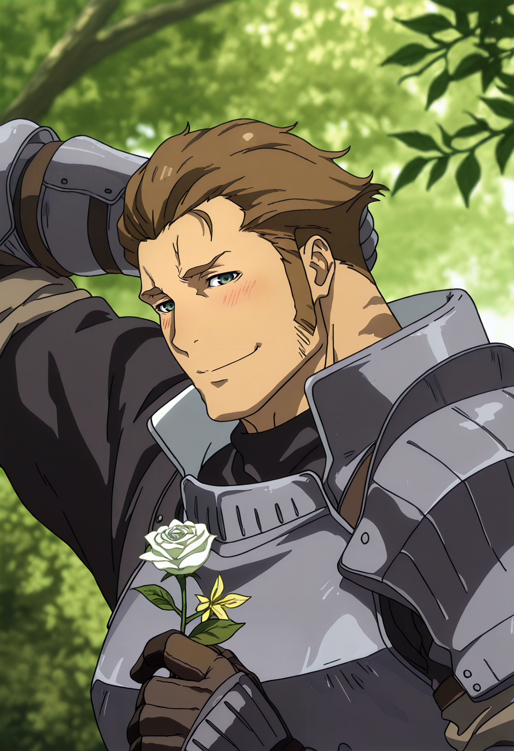SmoothNoob_Quality,
<lora:Sword__Wilhelm_Ragnvald_Garo_-VANISHING_LINE-:1>,
1boy,s0rud0,brown_s0rud0_hair,blue_s0rud0_eyes,anime coloring,long sideburns,muscular male,bara,
from above,japanese clothes,kimono,kimono on shoulders,tiger stripes,tiger print,looking at viewer,reclining,sitting,on floor,holding smoking pipe,smile,
pectoral cleavage,open kimono,
shouji,east asian architecture,wooden floor,outdoors,porch,golden hour,afternoon,
dynamic angle,dynamic action SmoothNoob_Quality,
<lora:Sword__Wilhelm_Ragnvald_Garo_-VANISHING_LINE-:1>,
1boy,s0rud0,brown_s0rud0_hair,blue_s0rud0_eyes,anime coloring,long sideburns,muscular male,bara,
knight,armor,blush,looking at viewer,dappled sunlight,holding flower, white rose,giving flower,arm behind head, smile,outdoors,
dynamic action