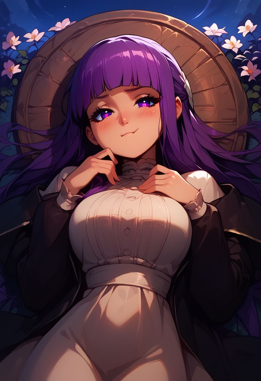 score_9, score_8_up, score_8, medium breasts, (curvy), cute, eyelashes, score_9, score_8_up, score_7_up, source_anime, 1girl, fern \(sousou no frieren\), large breasts, long hair, purple hair, blunt bangs, half updo, purple eyes, open robe, long dress, pout, puffy cheeks, looking at viewer, serious, blush, upper body, outdoors, laying down,  smile, blush,
night sky,