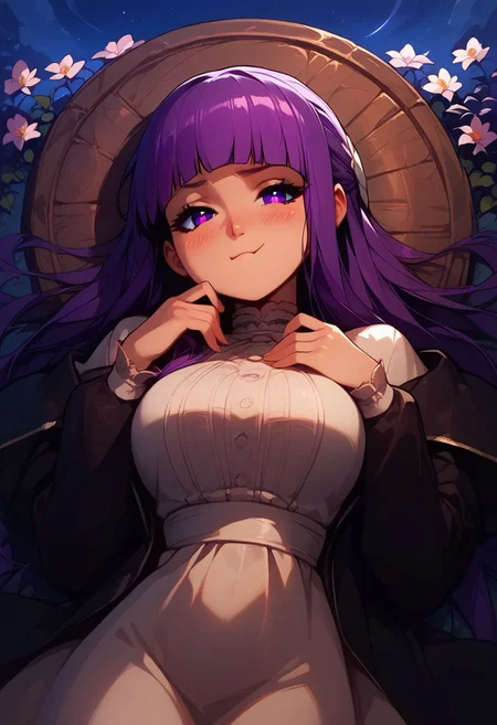 score_9, score_8_up, score_8, medium breasts, (curvy), cute, eyelashes, score_9, score_8_up, score_7_up, source_anime, 1girl, fern \(sousou no frieren\), large breasts, long hair, purple hair, blunt bangs, half updo, purple eyes, open robe, long dress, pout, puffy cheeks, looking at viewer, serious, blush, upper body, outdoors, laying down,  smile, blush,
night sky,