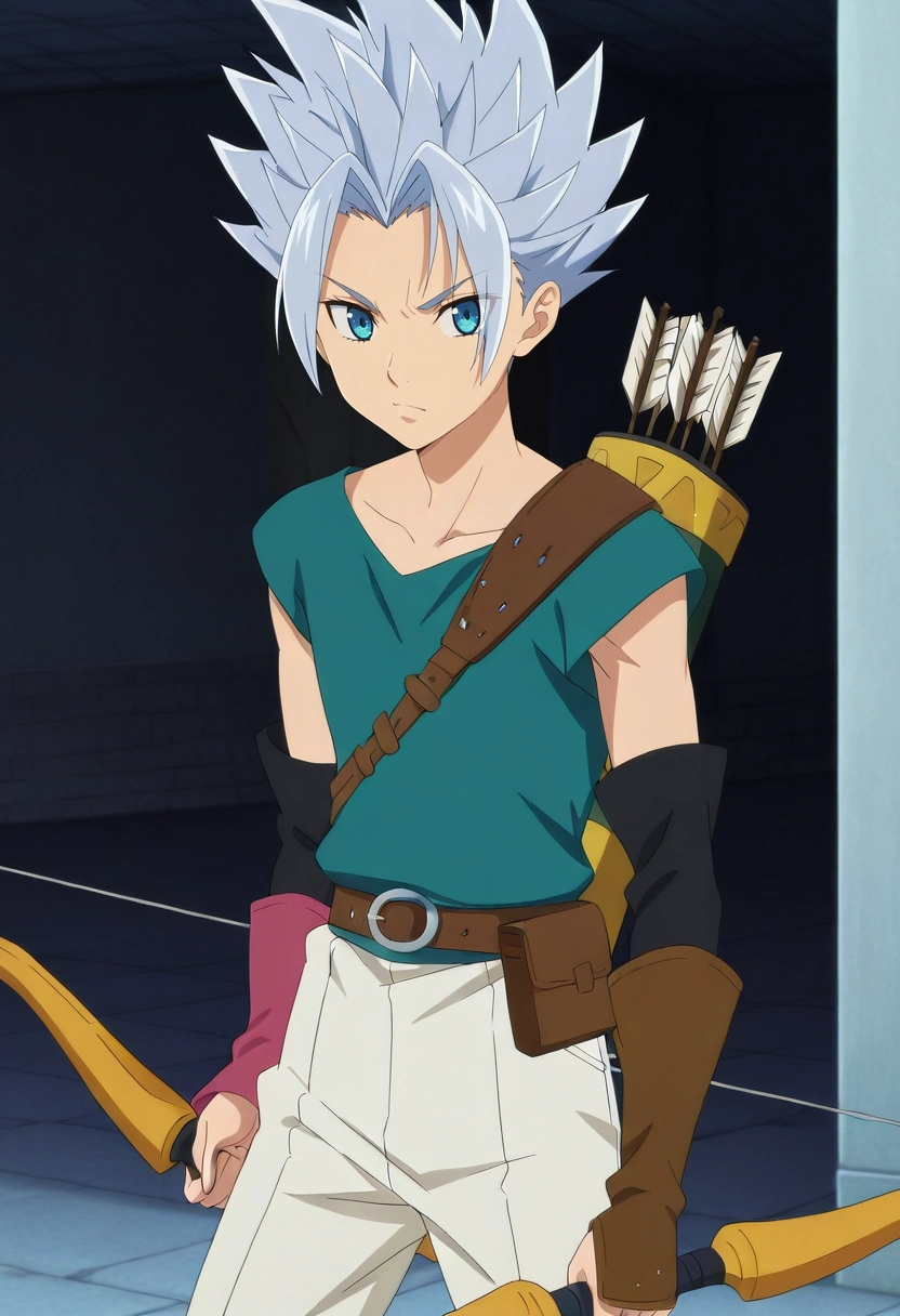 masterpiece, best quality, anime screencap, official style, anime coloring, cowboy shot, 1boy, solo, male focus, <lora:arden_nnt_ilxl:0.9>, arden_nnt, grey hair, blue eyes, short hair, spiked hair, arrow \(projectile\), bow \(weapon\),