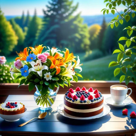 bouquet of bright flowers lilies roses on the table, cup of coffee, beautiful piece of berry cake with cream on the table, sommer is outside the window, blue sky, oak trees, depth of field, charming, cartoon, charming, 3D, cute and whimsical, fantasy, bokeh, freehand drawing, digital painting, warm lighting, full-length character focus, 4K resolution, photorealistic rendering, high quality details, vector image, photorealistic masterpiece, professional photography, floral background, isometry, bright vector, 4D usage, 8k cinema, 8K high-definition wallpaper HD<lora:FaeStyle:1>