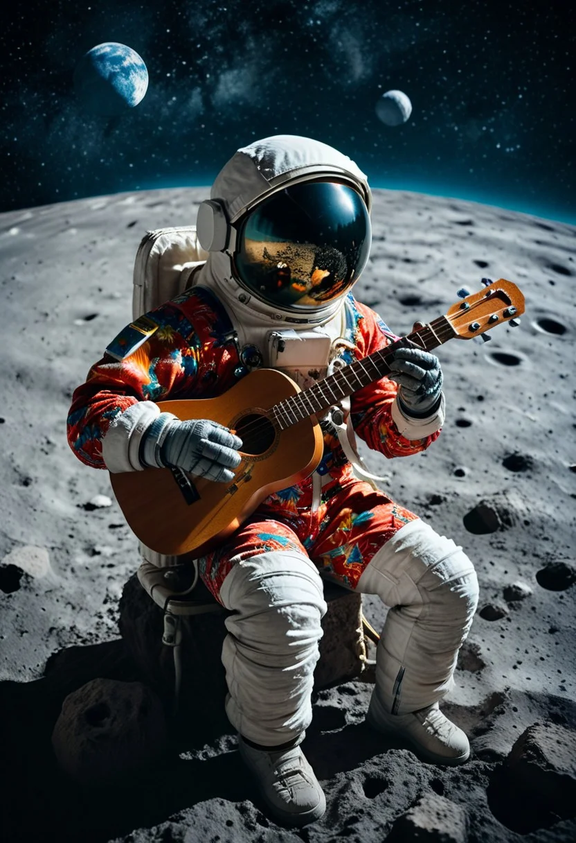 An astronaut in a vibrant Hawaiian shirt, playing a ukulele on the moon with Earth rising in the background, natural light, shot on Hasselblad 500C/M with Carl Zeiss Jena Pancolar 50mm f/1.8 lens, surreal, detailed textures, highly cinematic.