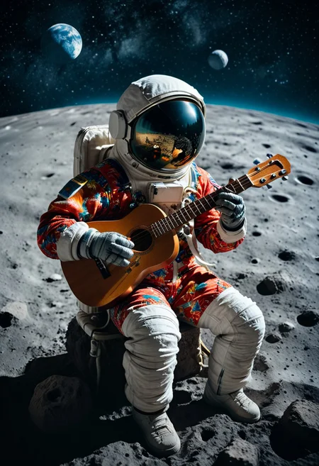 An astronaut in a vibrant Hawaiian shirt, playing a ukulele on the moon with Earth rising in the background, natural light, shot on Hasselblad 500C/M with Carl Zeiss Jena Pancolar 50mm f/1.8 lens, surreal, detailed textures, highly cinematic.