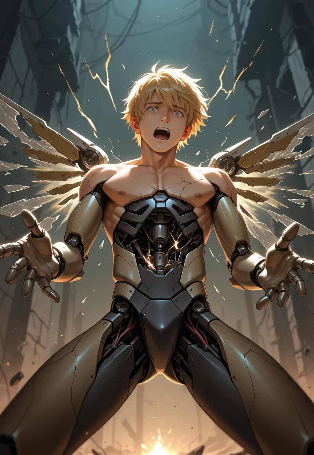 masterpiece, high quality, best quality, amazing quality, very aesthetic, absurdres, ultra-detailed, extremely detailed, realistic, volumetric lighting, (male focus, gay, male only), dim lighting, depth of field,, 1boy, cyborg, shirtless, detached mechanical wings, crack in skin, exposed circuitry, broken torso, electrical sparks, handsome face, blond hair, dynamic pose, ruins, palm lazer, crotchpiece, extending one hand toward viewer, reaching forward, zoomed in, close-up, low angle view, intense action, broken wings, open mouth, ((leaning)), turning off, deactivating, screaming, disintegrating