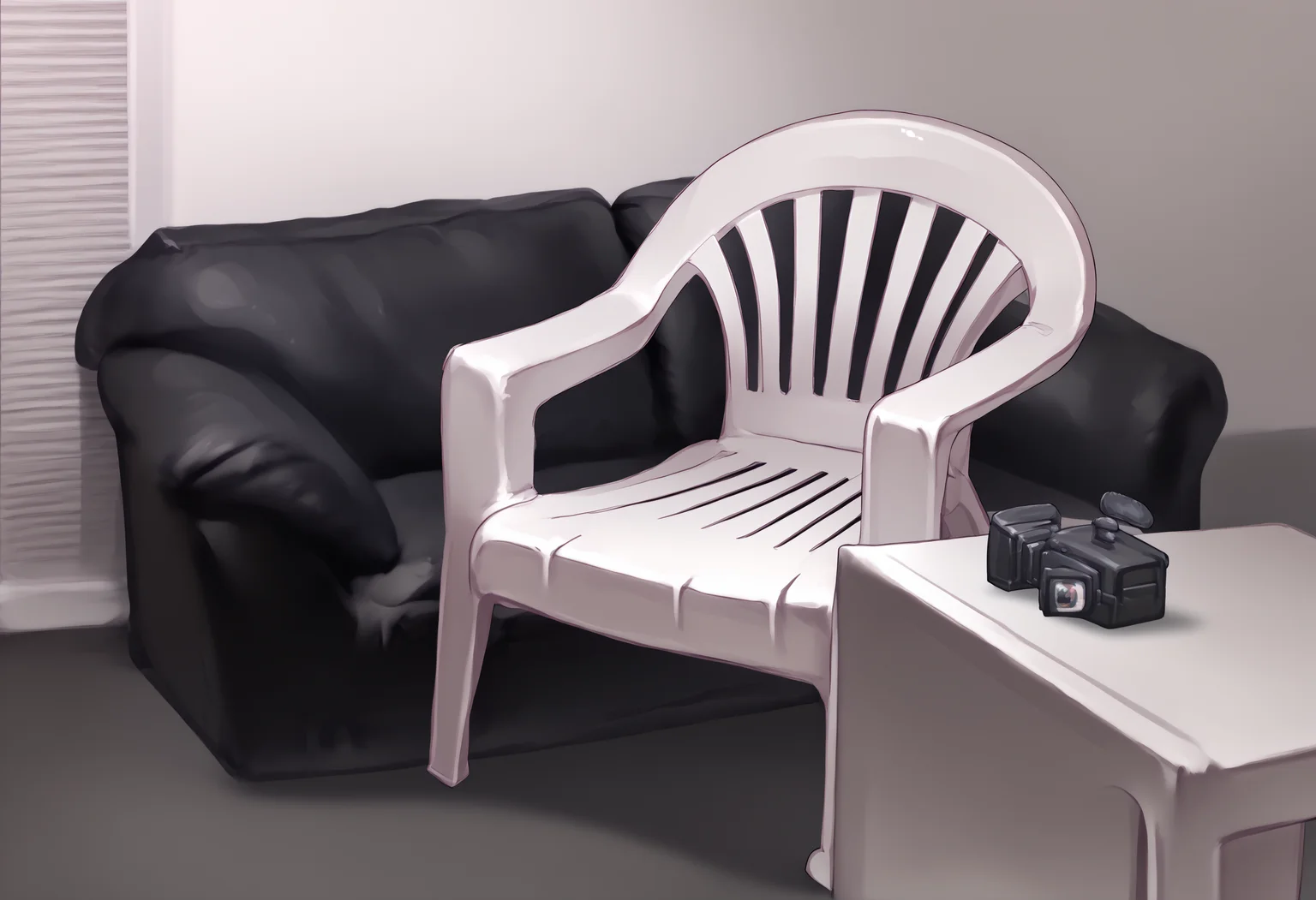 score_9, score_8_up, score_7_up, <lora:CastingCouch_XLPD:.88> white chair, plastic chair, chair on couch casting couch, camera, no humans, <lora:PlasticChair_XLPD:1.2>