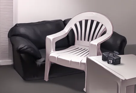 score_9, score_8_up, score_7_up, <lora:CastingCouch_XLPD:.88> white chair, plastic chair, chair on couch casting couch, camera, no humans, <lora:PlasticChair_XLPD:1.2>