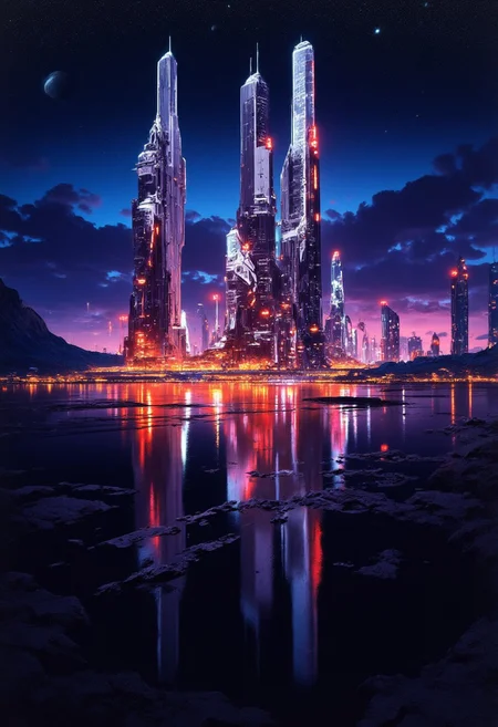 abstract oil painting, gradient vibrant neon colour, rough, textural, broad brush strokes, a futuristic sci-fi city with tall, perfectly reflected in a tranquil, still lake, at night, surreal colours, detailed night sky with stars and nebulas, mythp0rt