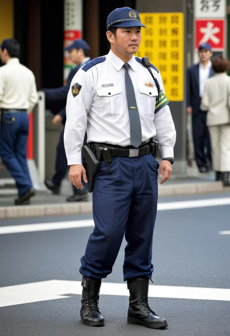 score_9, score_8_up, score_7_up, score_6_up, perfect anatomy, perfect proportions, best quality, masterpiece, high_resolution, high quality, aesthetic, absurdres, male focus, solo male, adult, mature, masculine, manly, handsome, charming, alluring, standing, (solo focus, full body, dutch angle, cowboy shot,) BREAK (asian male, japanese male:1.3), black eyes, black hair, short hair, facial hair, stubble, BREAK Japanese Winter Police Uniform, HannekenJpPcWt05, white collared shirt, grey blue necktie, rank insignia, sleeves rolled up, Japanese police emblem, dark blue pants, Walkie-Talkie, hip holster, black boots, ((Ryakubo cap, Ryakubo\(fatigue cap\))), outdoors, japanese modern city, Intersection, traffic, crowd, pedestrian, blurred background