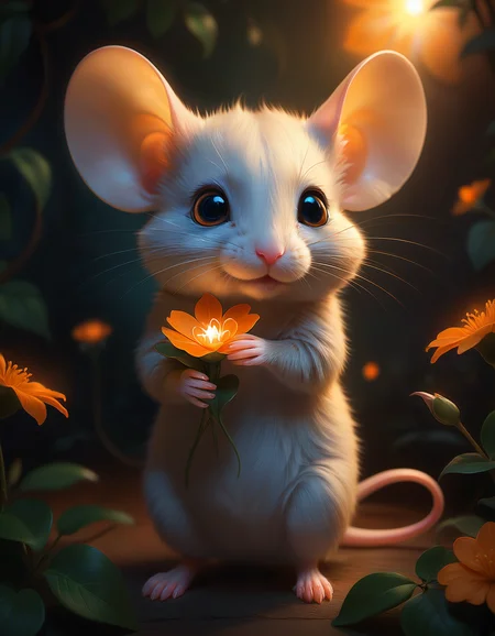Digital painting characterized by smooth gradients, soft glowing light, and meticulous detailing showcases an adorable mouse with expressive, large eyes, delicately holding a vibrant, orange flower while surrounded by gently blurred, ethereal foliage, creating a dreamy and magical ambiance against a warm, softly illuminated background.