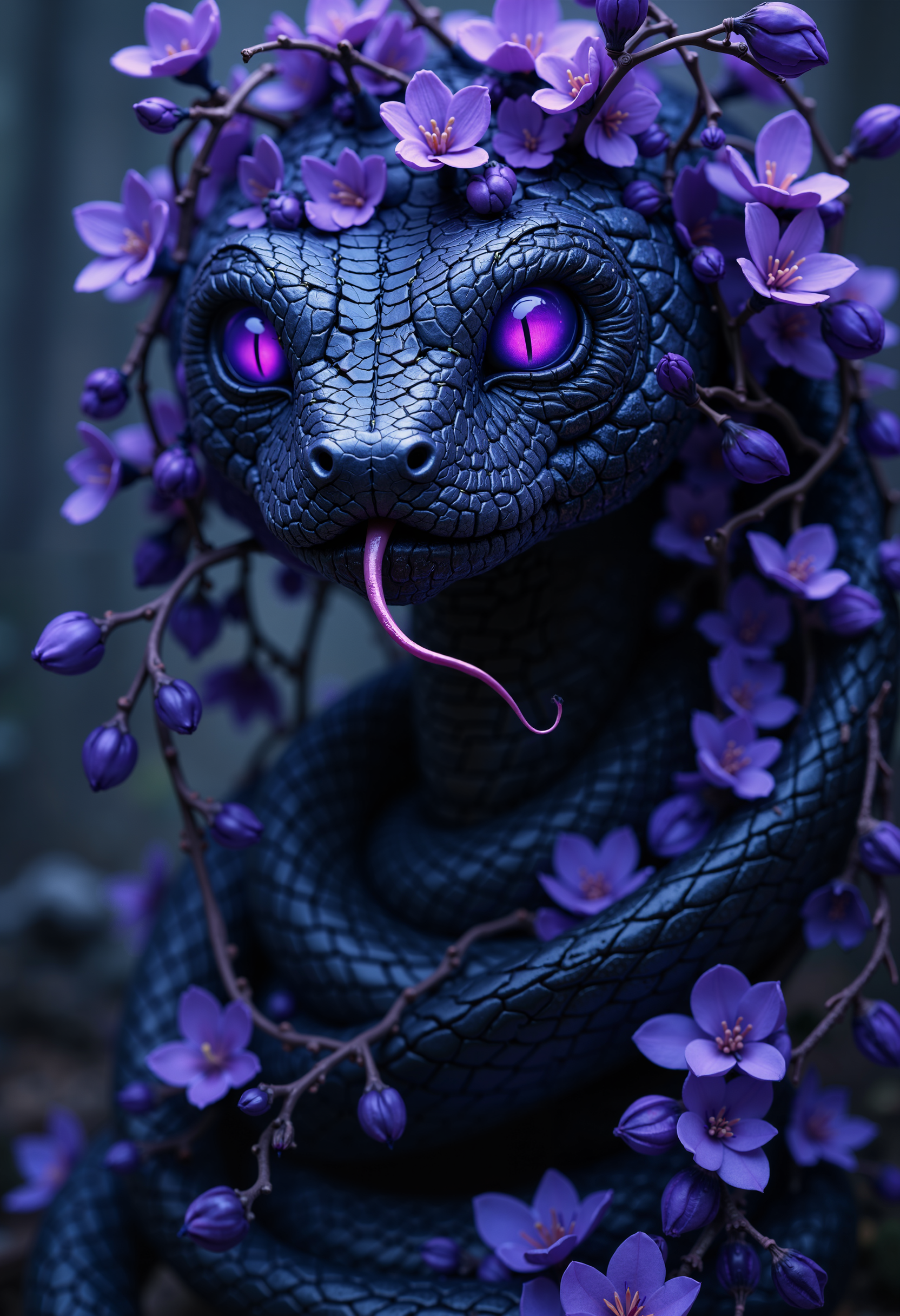 bo-snake, a oil paint on canvas of a world of mystical anime snake, dark fantasy, a highly detailed, digital artwork depicting a surreal, ethereal scene, the central focus is a snake coiled around a cluster of small, delicate, purple flowers, the flowers are intricately woven together in a spiral-like pattern, creating a sense of movement and depth, the snake's skin is a dark, textured black, with subtle, metallic sheen, and its head is adorned with small, glowing purple eyes, giving it a mystical, otherworldly appearance, its tongue is long and thin, with a small, red tip, the background is a blurred, out-of-focus gradient of dark blue and purple hues, suggesting a forest or mystical setting, the texture of the flowers and the snake is rendered in a realistic, hyper-realistic style, with detailed textures and shading that enhance the depth and realism of the artwork, the overall mood is one of ethereal beauty and mystery, with the snake as the central element, surrounded by the delicate, almost surreal elements of nature<lora:boFLUX Year of the Snake.safetensors:1.0:1.0>