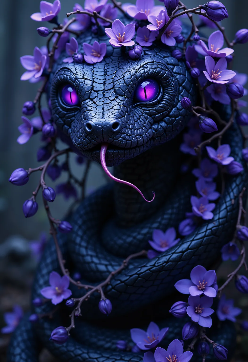 bo-snake, a oil paint on canvas of a world of mystical anime snake, dark fantasy, a highly detailed, digital artwork depicting a surreal, ethereal scene, the central focus is a snake coiled around a cluster of small, delicate, purple flowers, the flowers are intricately woven together in a spiral-like pattern, creating a sense of movement and depth, the snake's skin is a dark, textured black, with subtle, metallic sheen, and its head is adorned with small, glowing purple eyes, giving it a mystical, otherworldly appearance, its tongue is long and thin, with a small, red tip, the background is a blurred, out-of-focus gradient of dark blue and purple hues, suggesting a forest or mystical setting, the texture of the flowers and the snake is rendered in a realistic, hyper-realistic style, with detailed textures and shading that enhance the depth and realism of the artwork, the overall mood is one of ethereal beauty and mystery, with the snake as the central element, surrounded by the delicate, almost surreal elements of nature<lora:boFLUX Year of the Snake.safetensors:1.0:1.0>